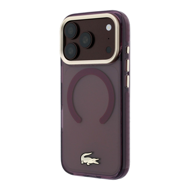 Lacoste PC/TPU matt felületű, arany logós MagSafe hátsó tok iPhone 18 Pro-hoz, bordó