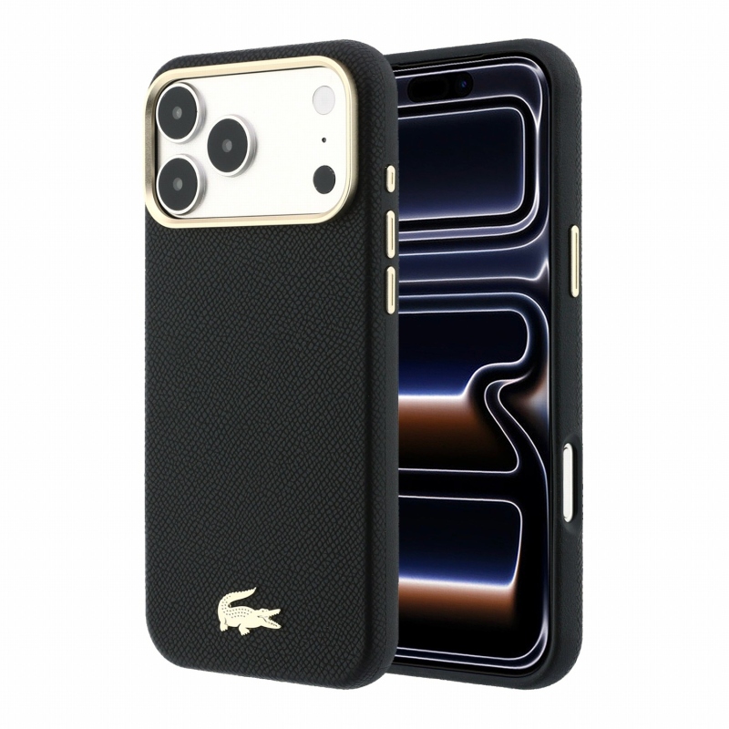 Lacoste PU bőr Champs-Élysées arany logós MagSafe hátlap az iPhone 18 Pro-hoz, fekete