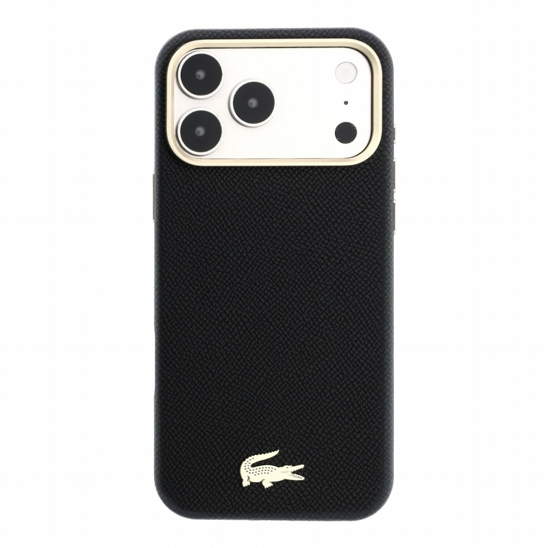Lacoste PU bőr Champs-Élysées arany logós MagSafe hátlap az iPhone 18 Pro-hoz, fekete