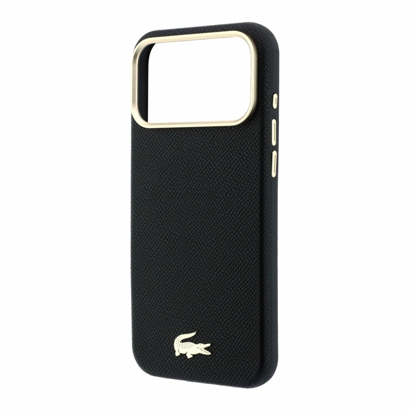 Lacoste PU bőr Champs-Élysées arany logós MagSafe hátlap az iPhone 18 Pro-hoz, fekete