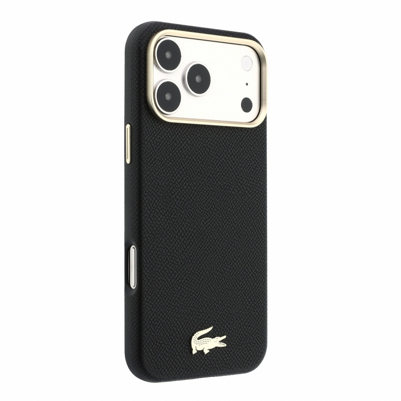 Lacoste PU bőr Champs-Élysées arany logós MagSafe hátlap az iPhone 18 Pro-hoz, fekete