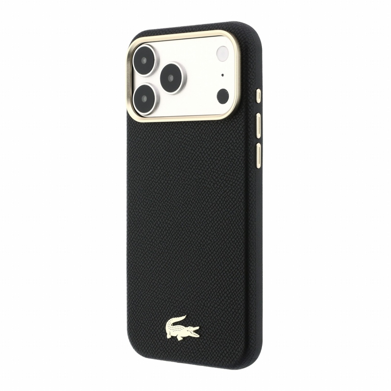 Lacoste PU bőr Champs-Élysées arany logós MagSafe hátsó tok iPhone 18 Pro Max-hoz, fekete