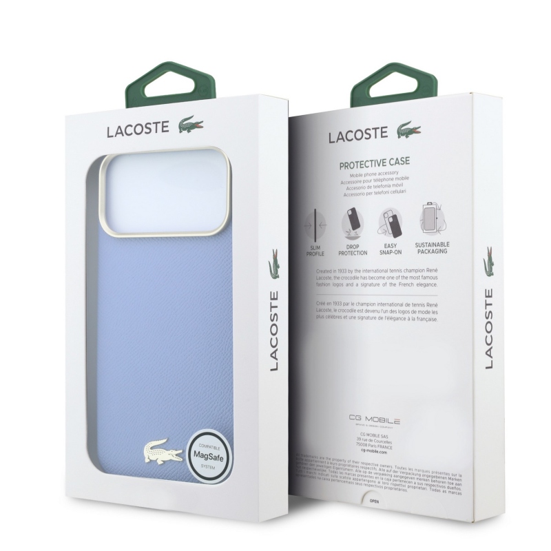 Lacoste PU bőr Champs-Élysées arany logós MagSafe hátsó tok iPhone 18 Pro Max-hoz, kék