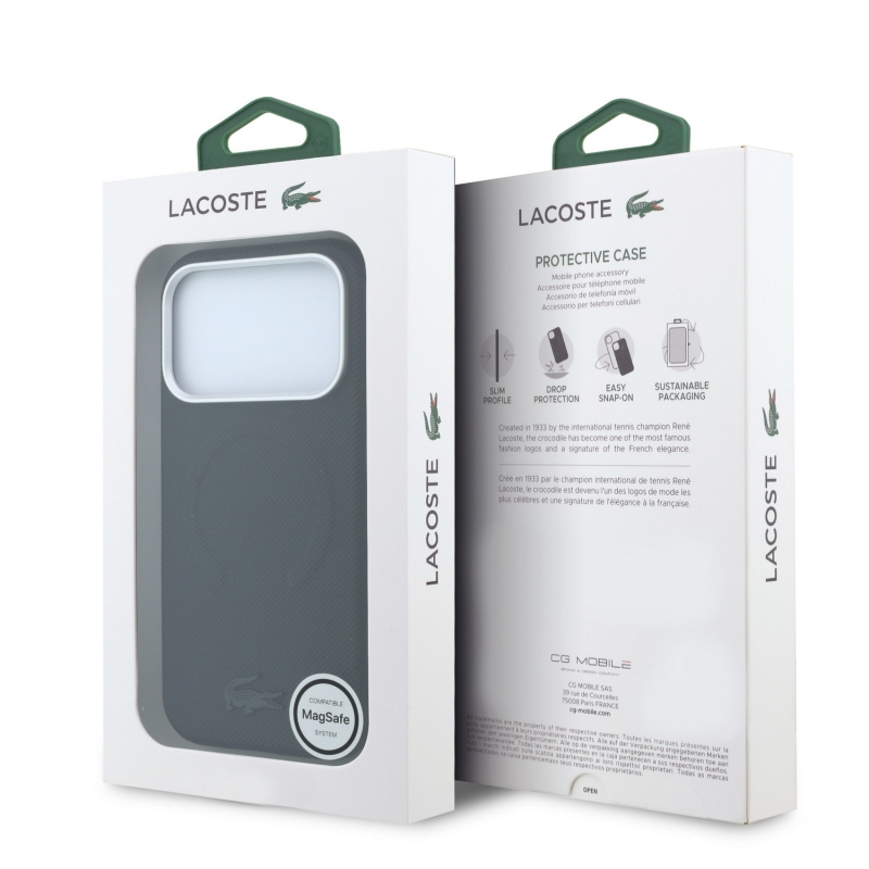 Lacoste PVC Petit Pique Semi Wrap dombornyomott MagSafe hátsó tok iPhone 18 Pro-hoz, fekete