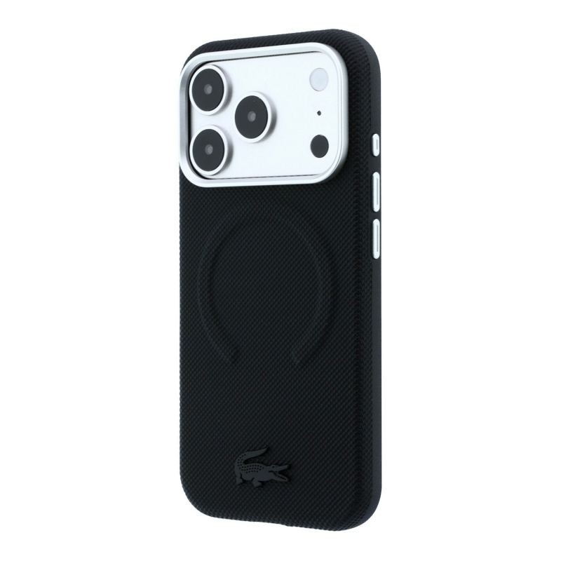 Lacoste PVC Petit Pique Semi Wrap dombornyomott MagSafe hátsó tok iPhone 18 Pro-hoz, fekete