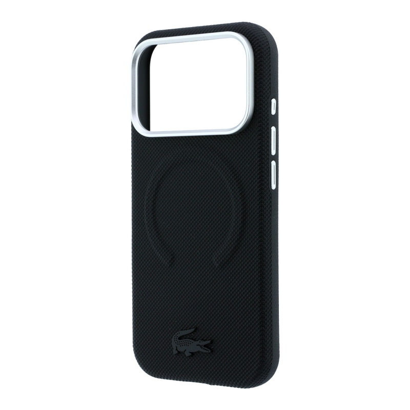 Lacoste PVC Petit Pique Semi Wrap dombornyomott MagSafe hátsó tok iPhone 18 Pro-hoz, fekete