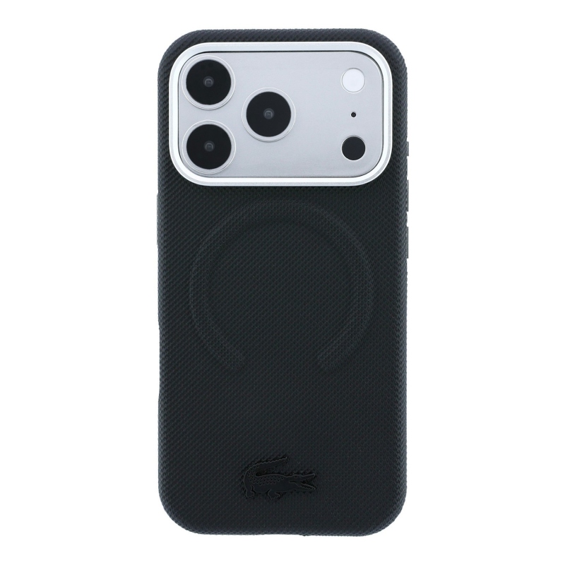 Lacoste PVC Petit Pique Semi Wrap dombornyomott MagSafe hátsó tok iPhone 18 Pro-hoz, fekete