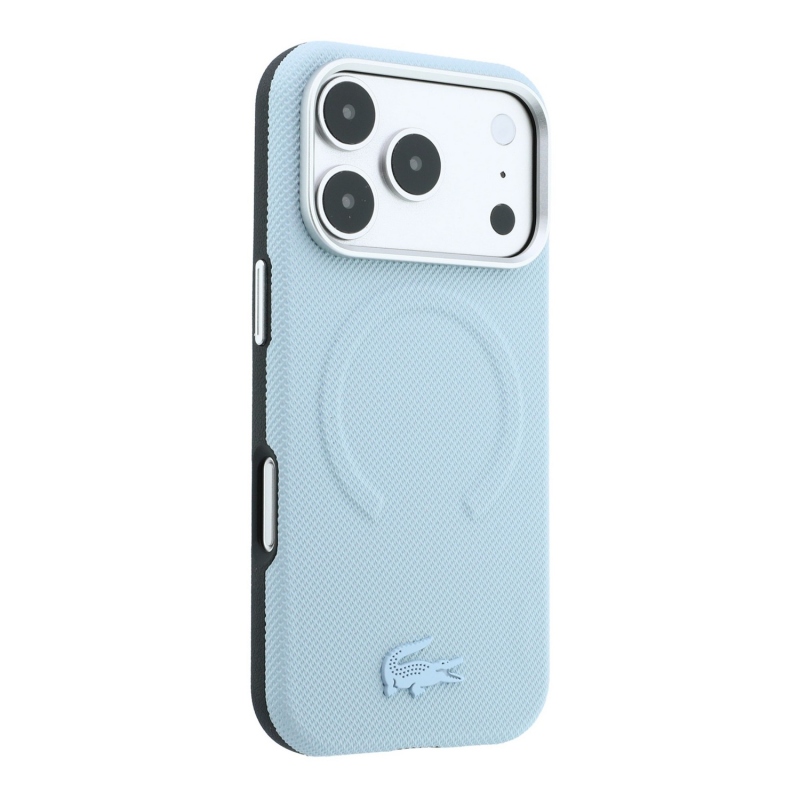 Lacoste PVC Petit Pique félig körbeölelő, dombornyomott MagSafe hátsó tok iPhone 18 Pro-hoz, kék