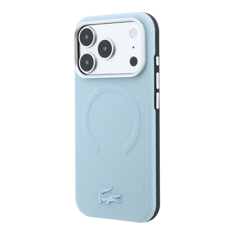 Lacoste PVC Petit Pique félig körbeölelő, dombornyomott MagSafe hátsó tok iPhone 18 Pro-hoz, kék