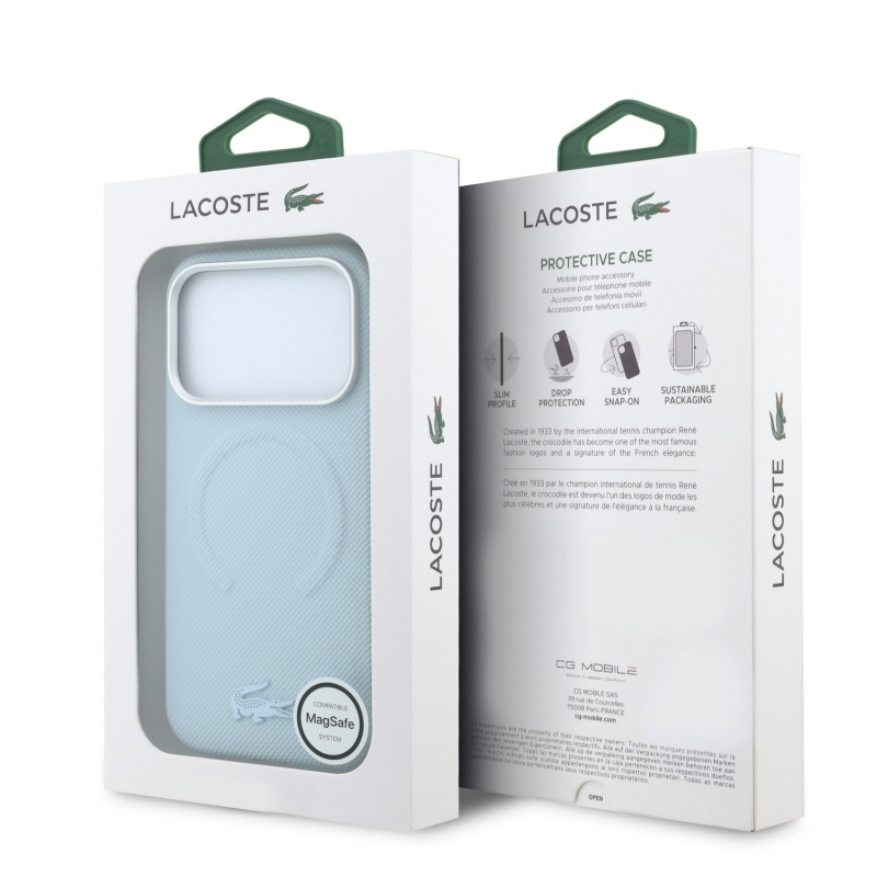 Lacoste PVC Petit Pique félig körbeölelő, dombornyomott MagSafe hátsó tok iPhone 18 Pro-hoz, kék