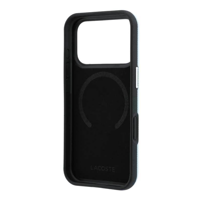 Lacoste PVC Petit Pique félig körbeölelő, dombornyomott MagSafe hátsó tok iPhone 18 Pro-hoz, kék
