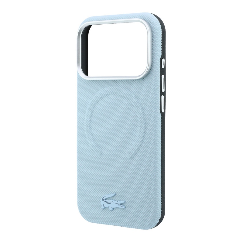 Lacoste PVC Petit Pique félig körbeölelő, dombornyomott MagSafe hátsó tok iPhone 18 Pro-hoz, kék