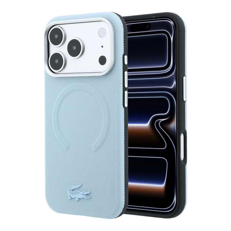 Lacoste PVC Petit Pique félig körbeölelő, dombornyomott MagSafe hátsó tok iPhone 18 Pro-hoz, kék