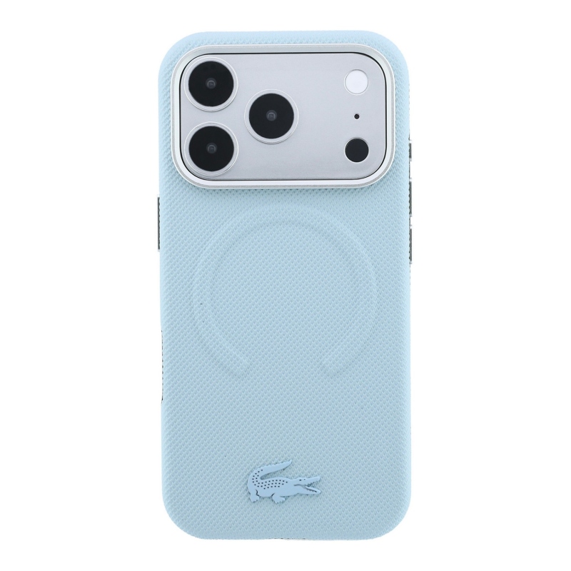 Lacoste PVC Petit Pique félig körbeölelő, dombornyomott MagSafe hátsó tok iPhone 18 Pro-hoz, kék