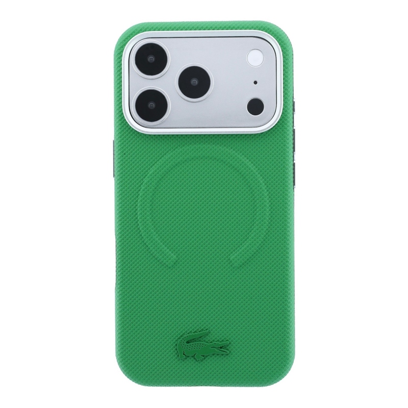 Lacoste PVC Petit Pique Semi Wrap dombornyomott MagSafe hátsó tok iPhone 18 Pro-hoz, Estragon színben