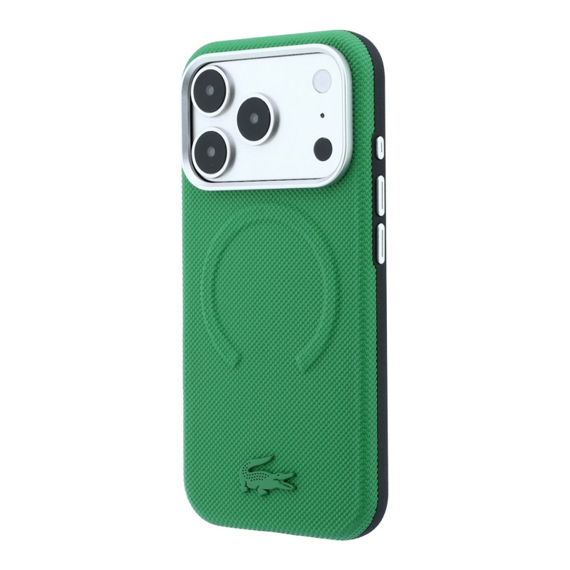 Lacoste PVC Petit Pique Semi Wrap dombornyomott MagSafe hátsó tok iPhone 18 Pro-hoz, Estragon színben