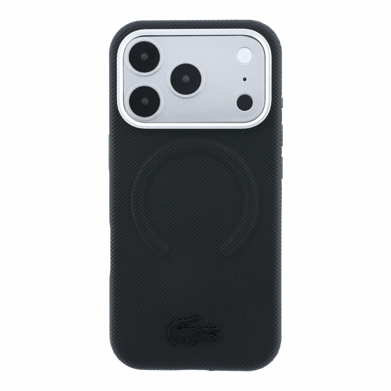 Lacoste PVC Petit Pique félig körbeölelő, dombornyomott MagSafe hátlap az iPhone 18 Pro Max-hoz, fekete