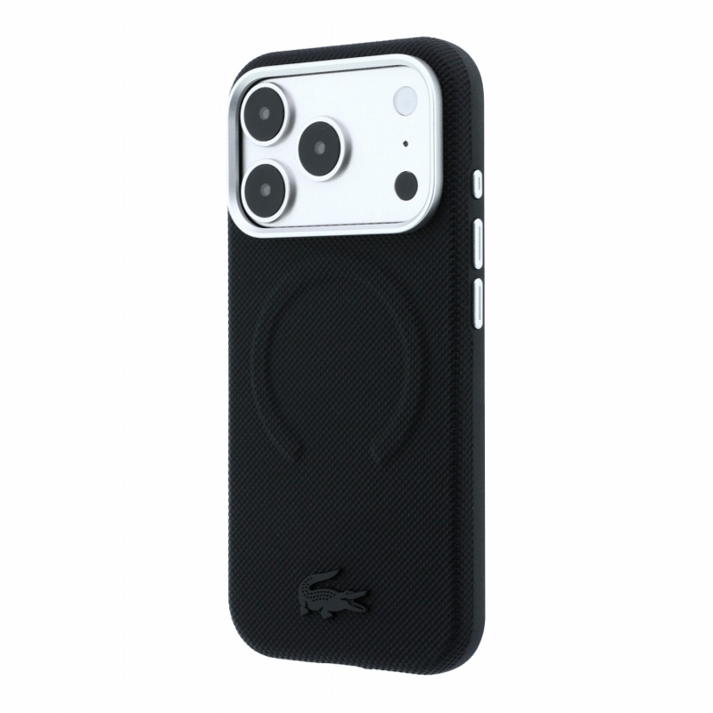 Lacoste PVC Petit Pique félig körbeölelő, dombornyomott MagSafe hátlap az iPhone 18 Pro Max-hoz, fekete