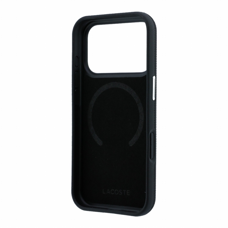 Lacoste PVC Petit Pique félig körbeölelő, dombornyomott MagSafe hátlap az iPhone 18 Pro Max-hoz, fekete
