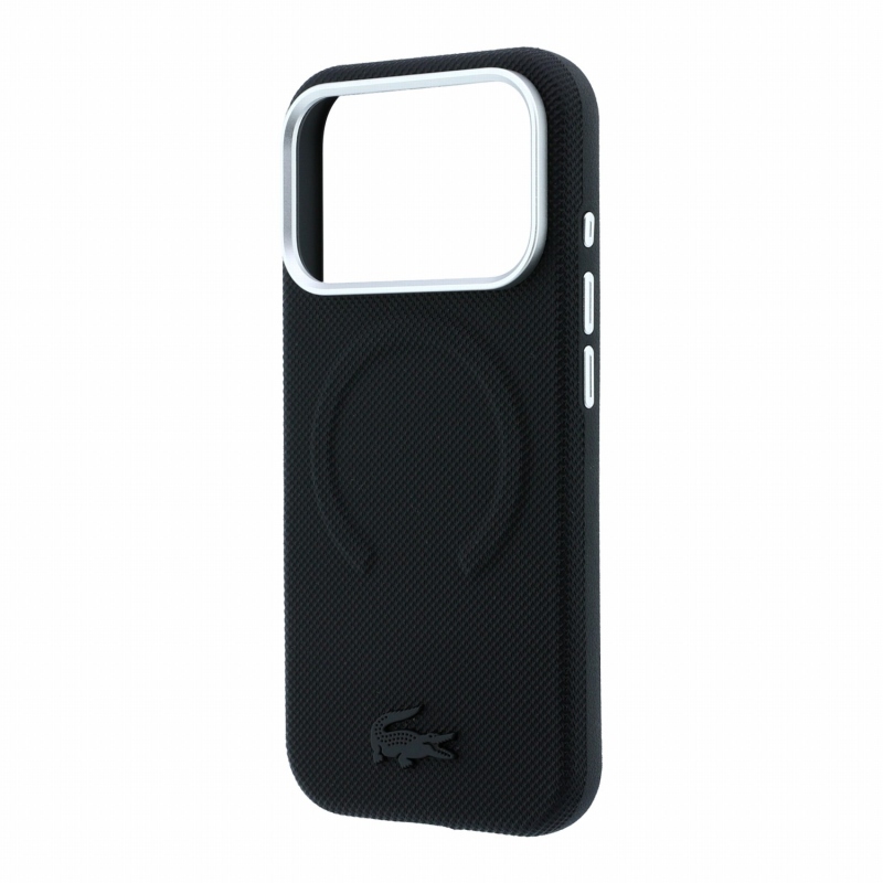 Lacoste PVC Petit Pique félig körbeölelő, dombornyomott MagSafe hátlap az iPhone 18 Pro Max-hoz, fekete