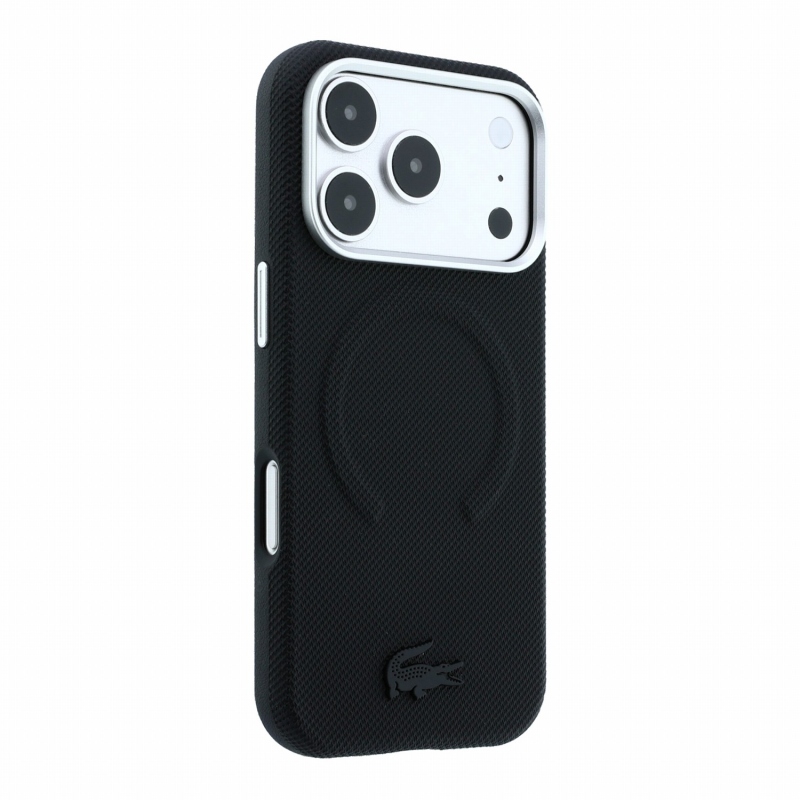 Lacoste PVC Petit Pique félig körbeölelő, dombornyomott MagSafe hátlap az iPhone 18 Pro Max-hoz, fekete