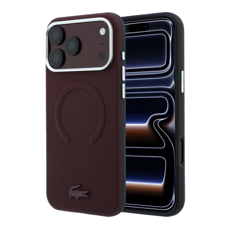Lacoste PVC Petit Pique félig körbeölelő, dombornyomott MagSafe hátsó tok iPhone 18 Pro Max-hoz, bordó
