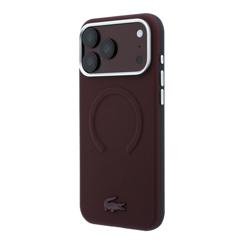 Lacoste PVC Petit Pique félig körbeölelő, dombornyomott MagSafe hátsó tok iPhone 18 Pro Max-hoz, bordó