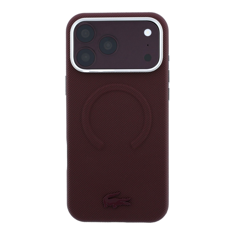 Lacoste PVC Petit Pique félig körbeölelő, dombornyomott MagSafe hátsó tok iPhone 18 Pro Max-hoz, bordó