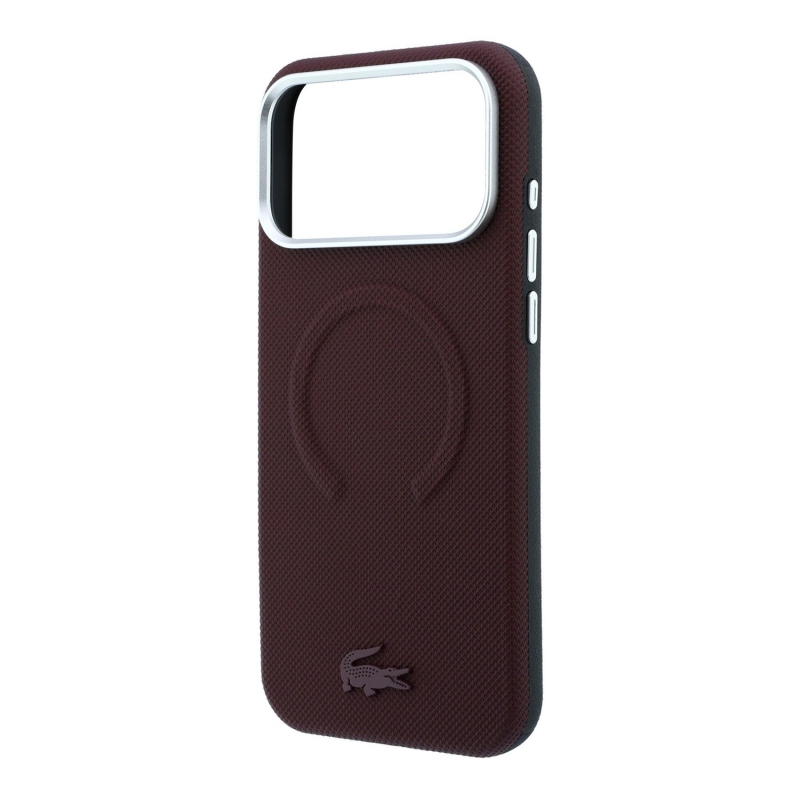 Lacoste PVC Petit Pique félig körbeölelő, dombornyomott MagSafe hátsó tok iPhone 18 Pro Max-hoz, bordó