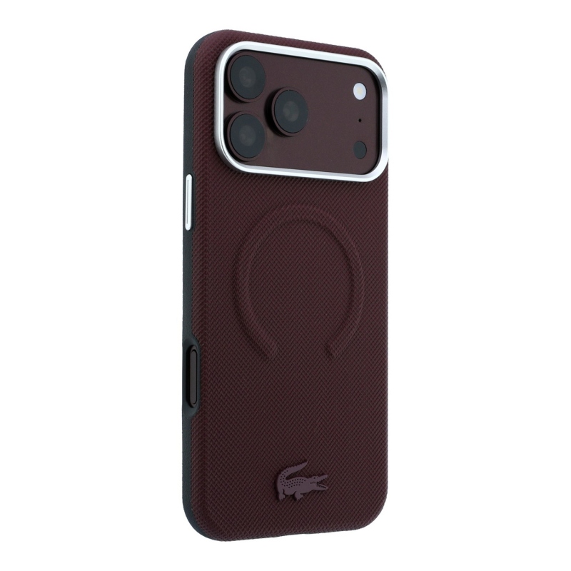 Lacoste PVC Petit Pique félig körbeölelő, dombornyomott MagSafe hátsó tok iPhone 18 Pro Max-hoz, bordó