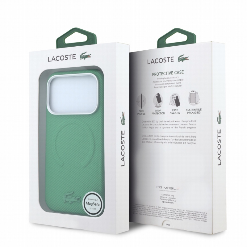 Lacoste PVC Petit Pique félig körbeölelő, dombornyomott MagSafe hátsó tok az iPhone 18 Pro Max-hoz, Estragon színben