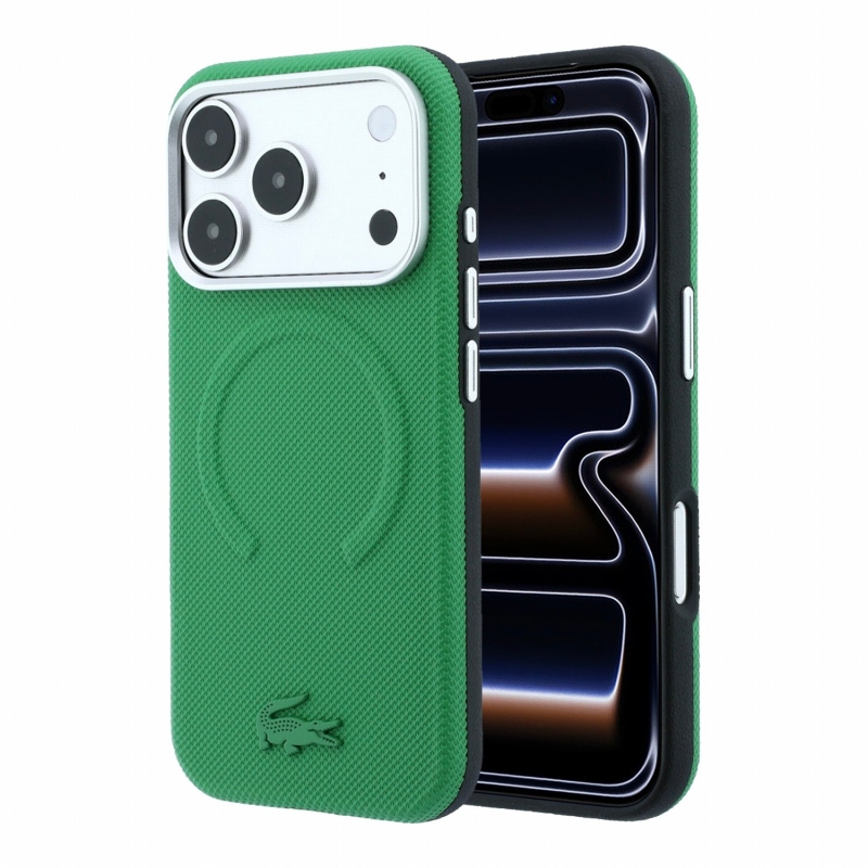 Lacoste PVC Petit Pique félig körbeölelő, dombornyomott MagSafe hátsó tok az iPhone 18 Pro Max-hoz, Estragon színben
