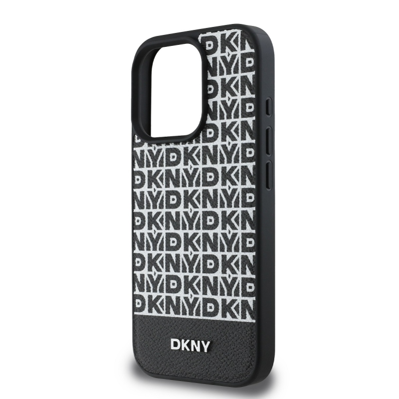 DKNY PU bőr ismétlődő mintás alsó csíkos MagSafe hátlap iPhone 16 Pro Max-hoz Fekete