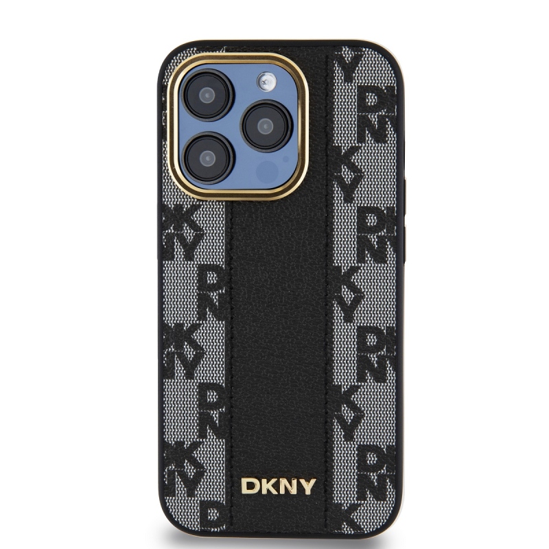 DKNY PU bőr kockás mintás Magsafe hátlap iPhone 15 Pro Fekete