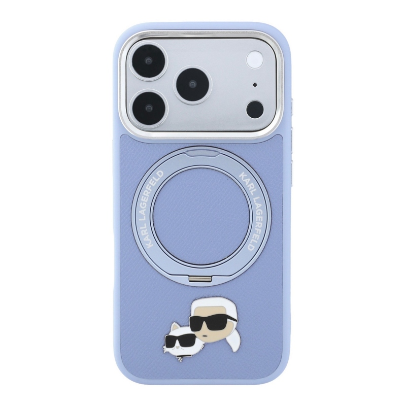 Karl Lagerfeld PU Grained K&CH Heads Ring Stand Magsafe hátsó tok iPhone 18 Pro-hoz, kék