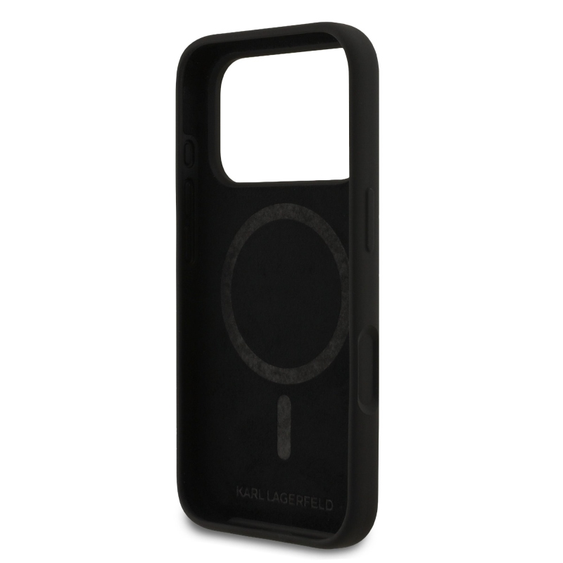 Karl Lagerfeld folyékony szilikon dupla fejű MagSafe hátlap iPhone 17 Pro fekete színűre