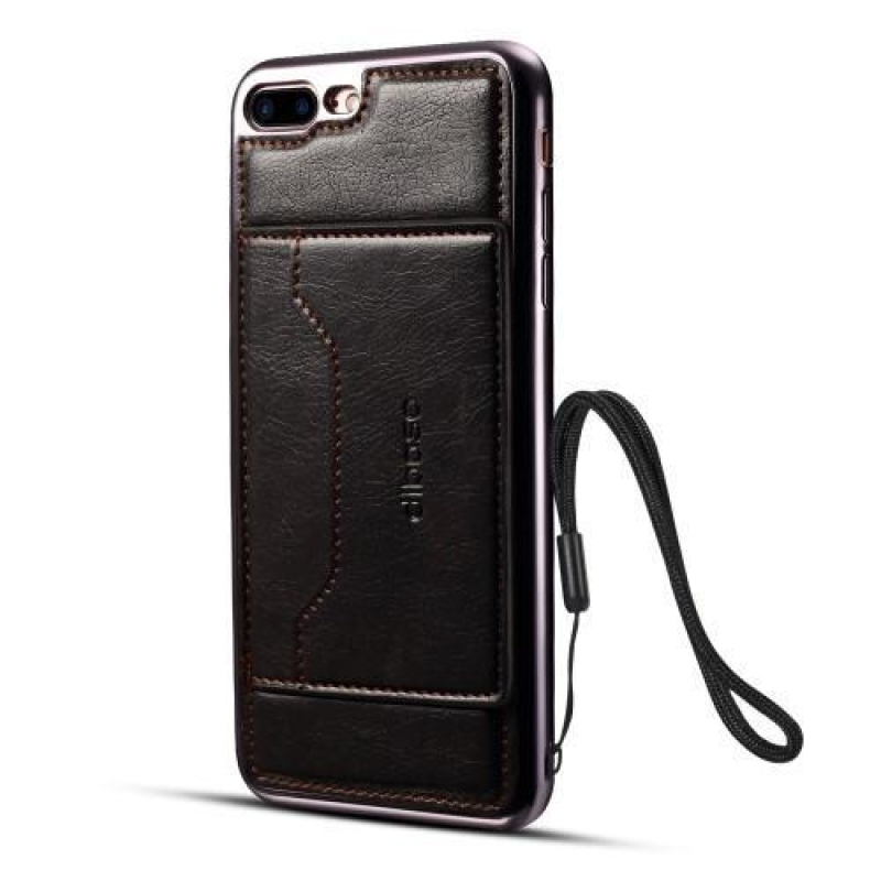 Leathy zselés tok PU bőr hátlappal és állvánnyal iPhone 8 Plus és 7 Plus készülékhez - fekete