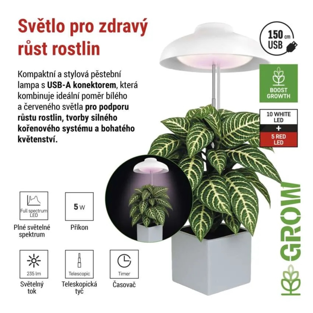 LED GROW termesztőlámpa 5 W, időzítővel - fehér