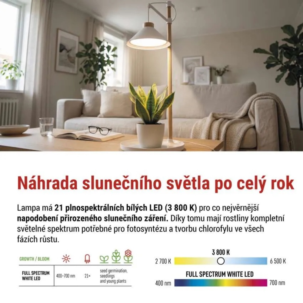 LED GROW termesztőlámpa 7 W, időzítővel - fehér
