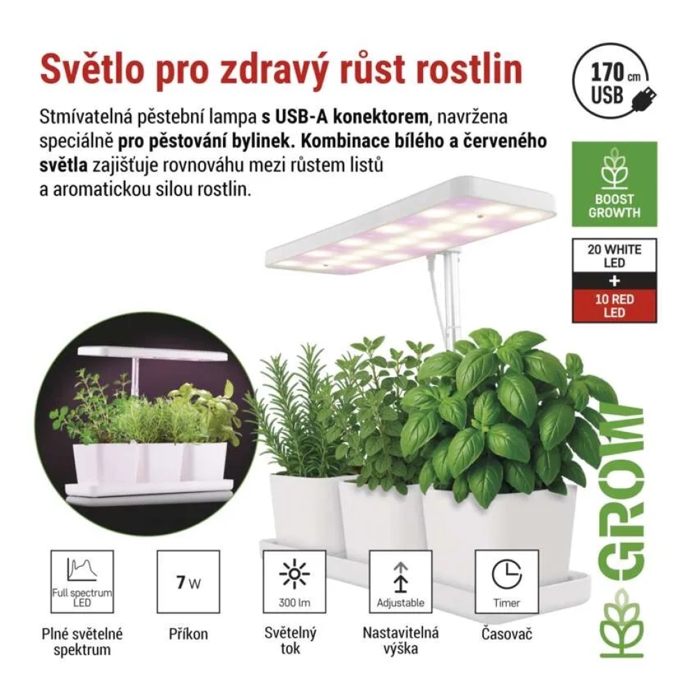 LED GROW növénytermesztő lámpa 7 W, időzítővel, szabályozható fényerővel - fehér