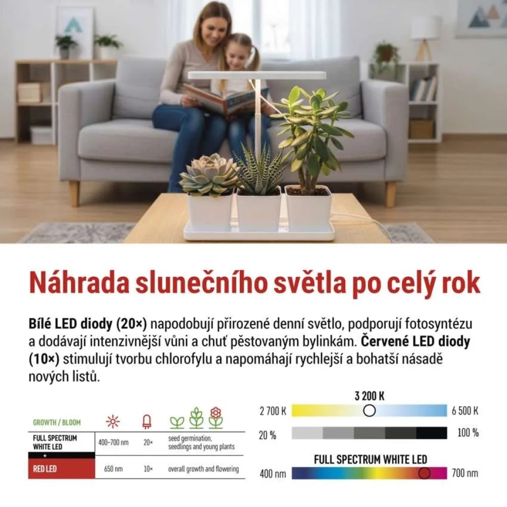 LED GROW növénytermesztő lámpa 7 W, időzítővel, szabályozható fényerővel - fehér