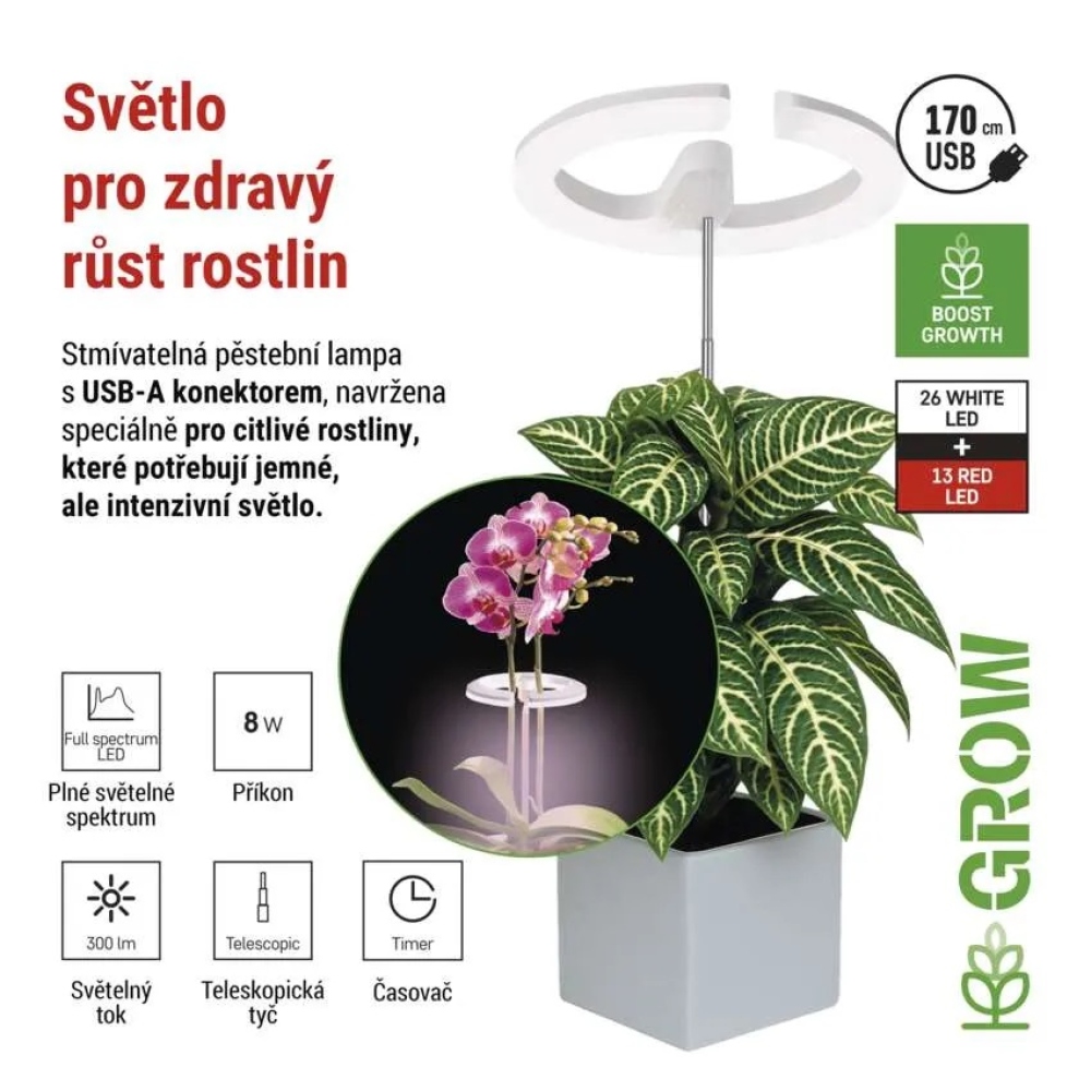 LED GROW növénytermesztő lámpa 8 W, időzítővel, szabályozható fényerővel - fehér