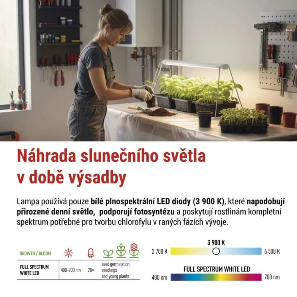 LED GROW palántanevelő lámpa 15 W, időzítővel - fehér