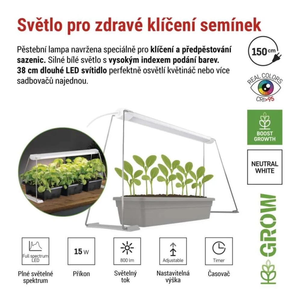 LED GROW palántanevelő lámpa 15 W, időzítővel - fehér