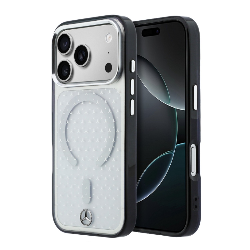 Mercedes PC/TPU „Star Pattern” MagSafe hátsó tok iPhone 18 Pro Max-hoz, átlátszó/fekete