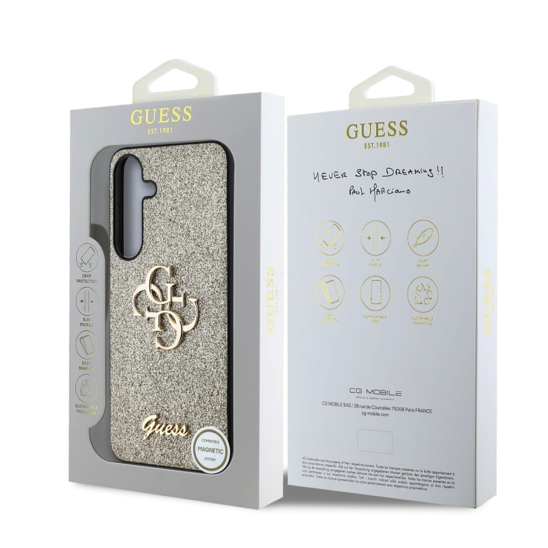 Guess PU Fixed Glitter 4G Metal Logo hátlap Samsung Galaxy S25 arany