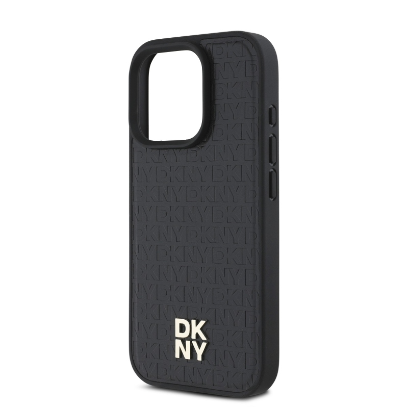 DKNY PU bőr Ismétlődő mintás Stack Logo MagSafe hátlap iPhone 16 Pro Fekete