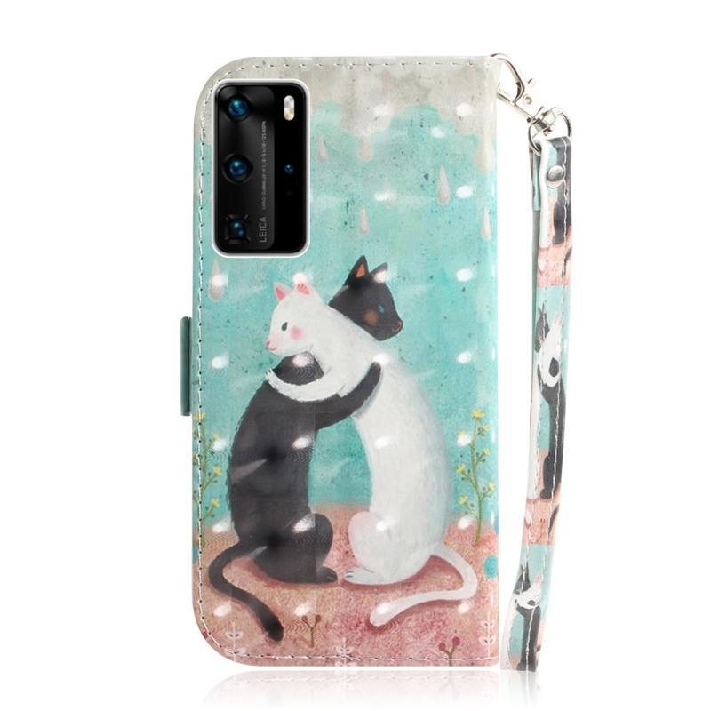 Könnyű PU bőr pénztárca tok a Huawei P40 Pro-hoz - fehér és fekete macska