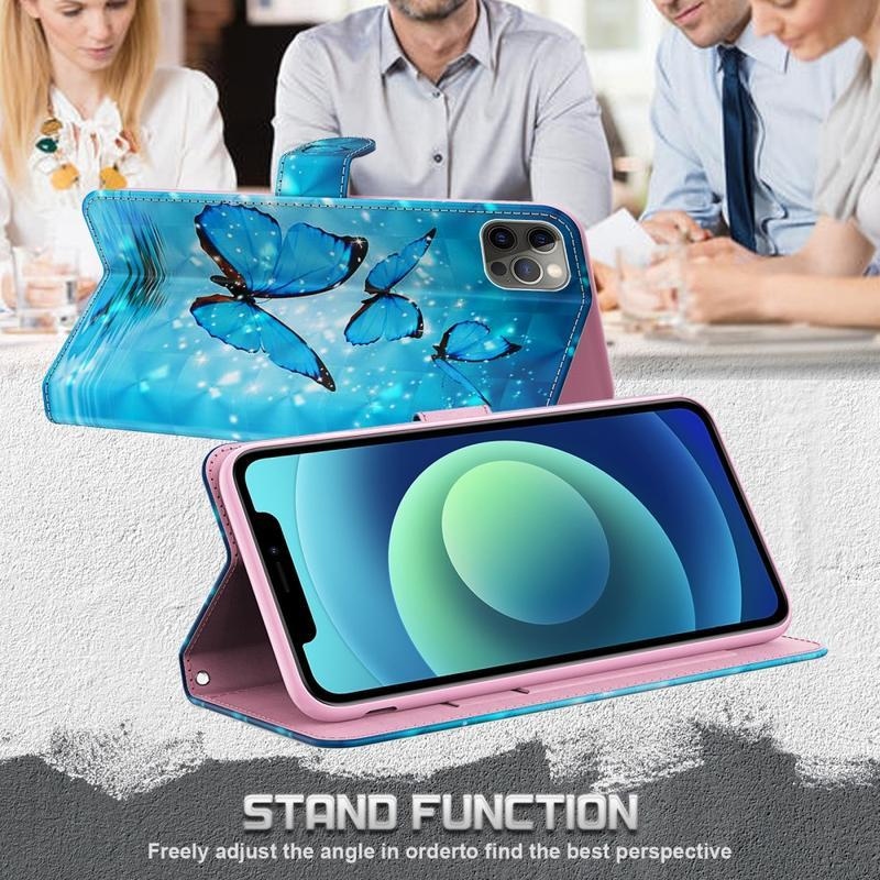 Nyomtatott PU bőr pénztárca tok Samsung Galaxy A12/M12 - kék lepkék