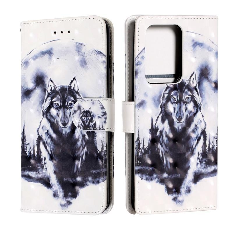 Könnyű PU bőr pénztárca tok Samsung Galaxy S20 Ultra készülékhez - farkas és Hold